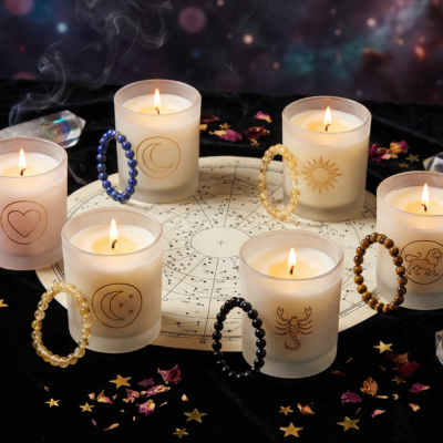 Velas de Cristal do Zodíaco C/ Pulseiras de Pedras Preciosas